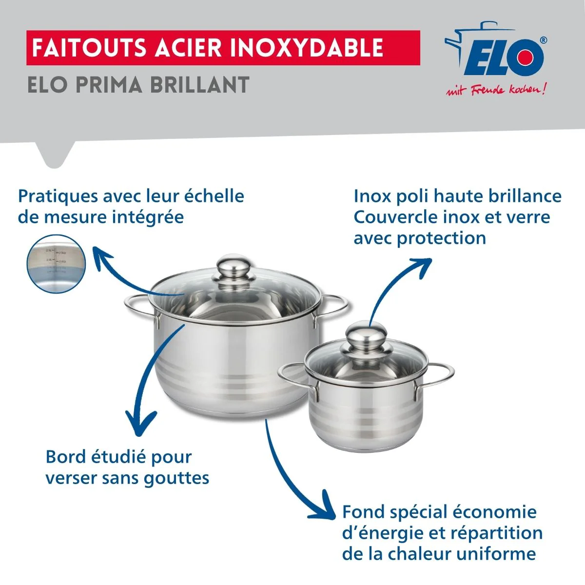 Ensemble de 2 Poêles de cuisson 24 et 32 cm et 2 faitouts 16 et 24 cm Elo Prima Brillant - Image 3