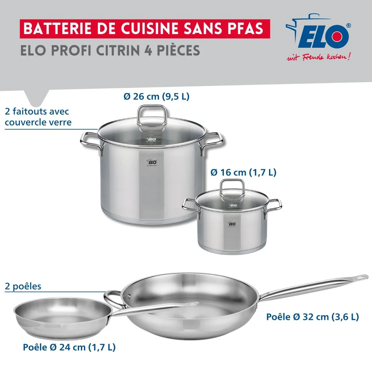 Ensemble de 2 Poêles de cuisson 24 et 32 cm et 2 faitouts 16 et 26 cm Elo Profi Citrin - Image 2