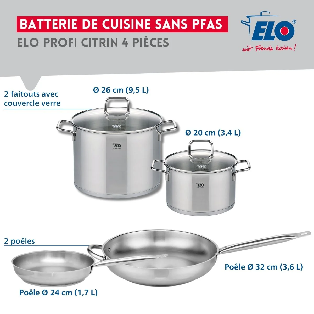 Ensemble de 2 Poêles de cuisson 24 et 32 cm et 2 faitouts 20 et 26 cm Elo Profi Citrin - Image 2