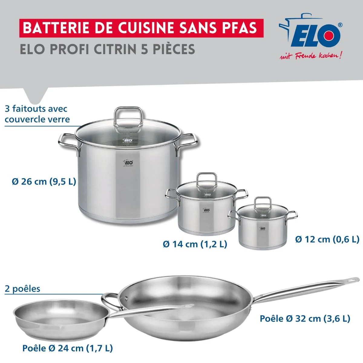 Ensemble de 2 Poêles de cuisson 24 et 32 cm et 3 faitouts 12, 14 et 26 cm Elo Profi Citrin - Image 2