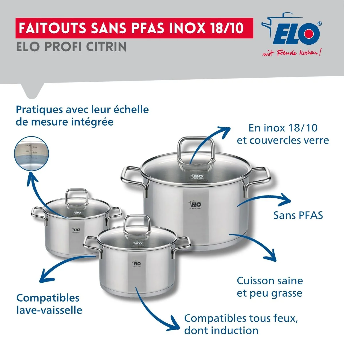 Ensemble de 2 Poêles de cuisson 24 et 32 cm et 3 faitouts 12, 16 et 20 cm Elo Profi Citrin - Image 3