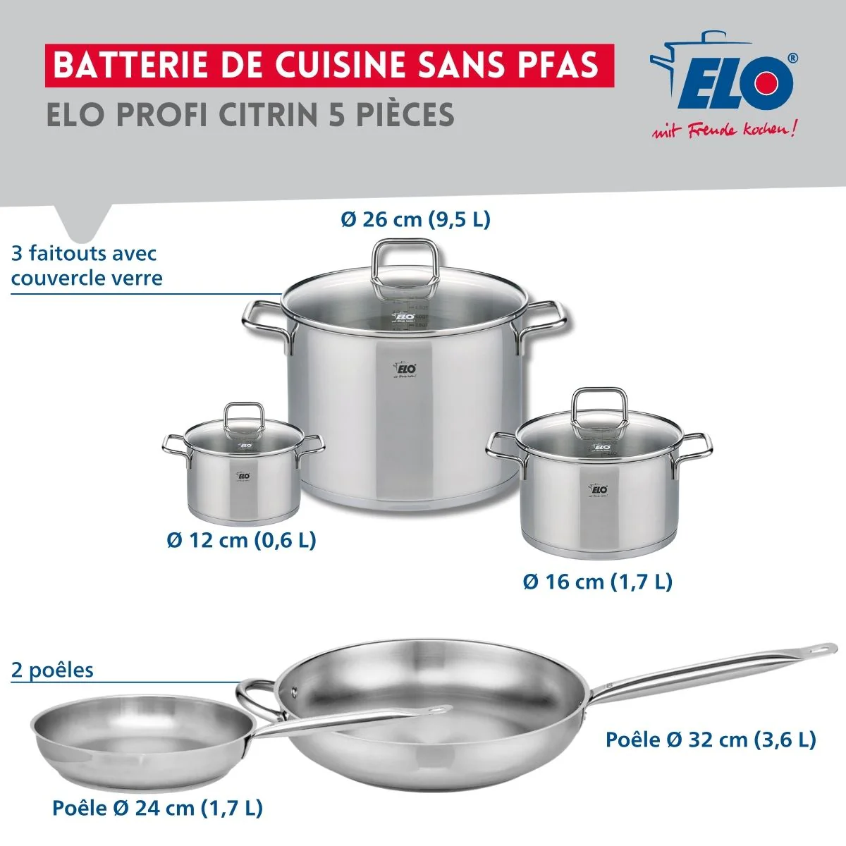 Ensemble de 2 Poêles de cuisson 24 et 32 cm et 3 faitouts 12, 16 et 26 cm Elo Profi Citrin - Image 2
