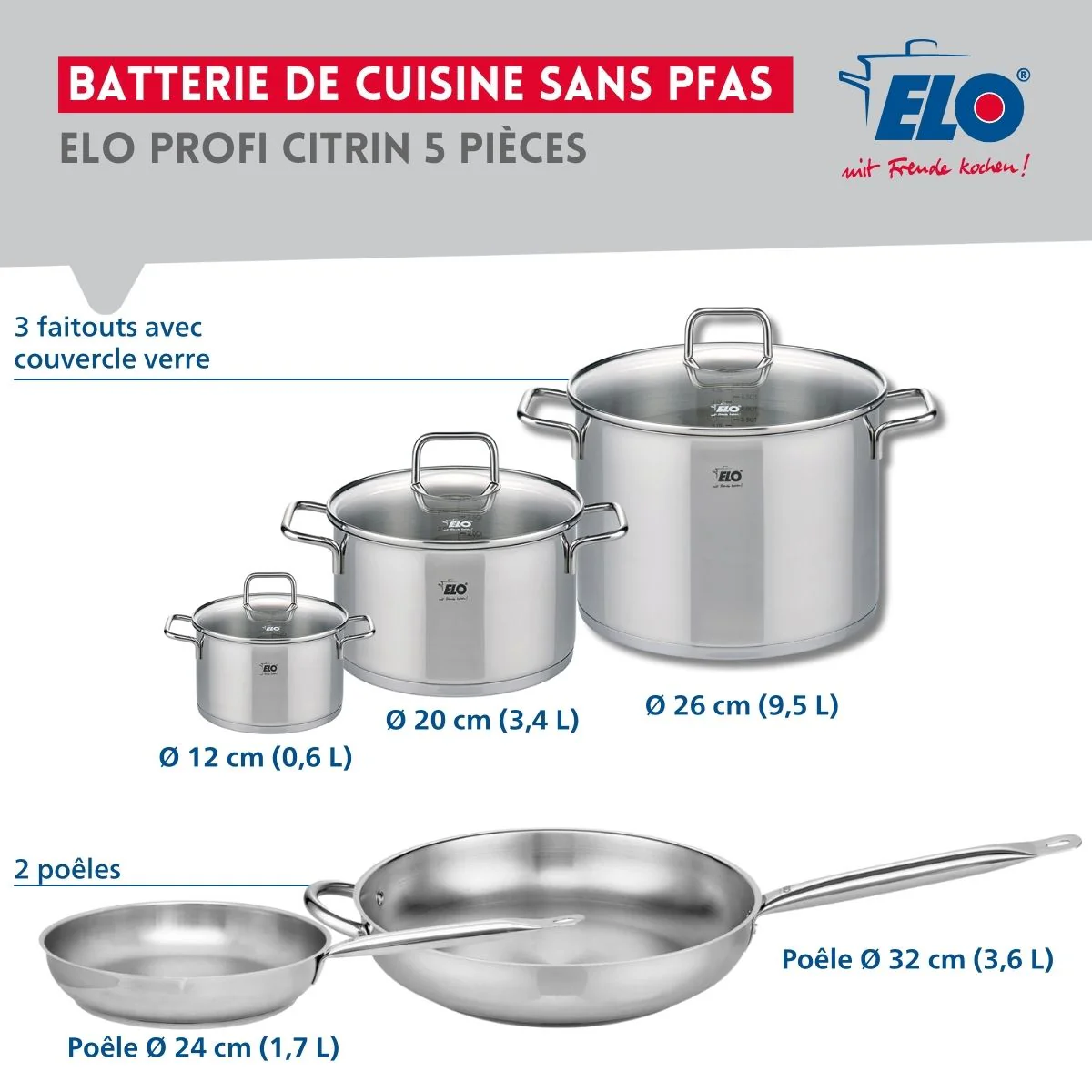 Ensemble de 2 Poêles de cuisson 24 et 32 cm et 3 faitouts 12, 20 et 26 cm Elo Profi Citrin - Image 2