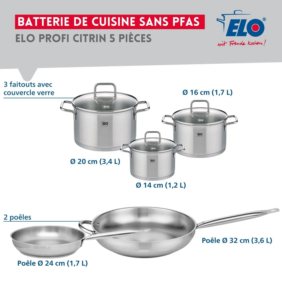 Ensemble de 2 Poêles de cuisson 24 et 32 cm et 3 faitouts 14, 16 et 20 cm Elo Profi Citrin - Image 2