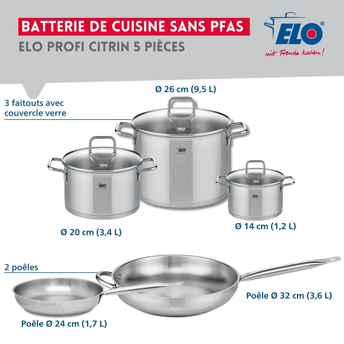 Ensemble de 2 Poêles de cuisson 24 et 32 cm et 3 faitouts 14, 20 et 26 cm Elo Profi Citrin - Image 2