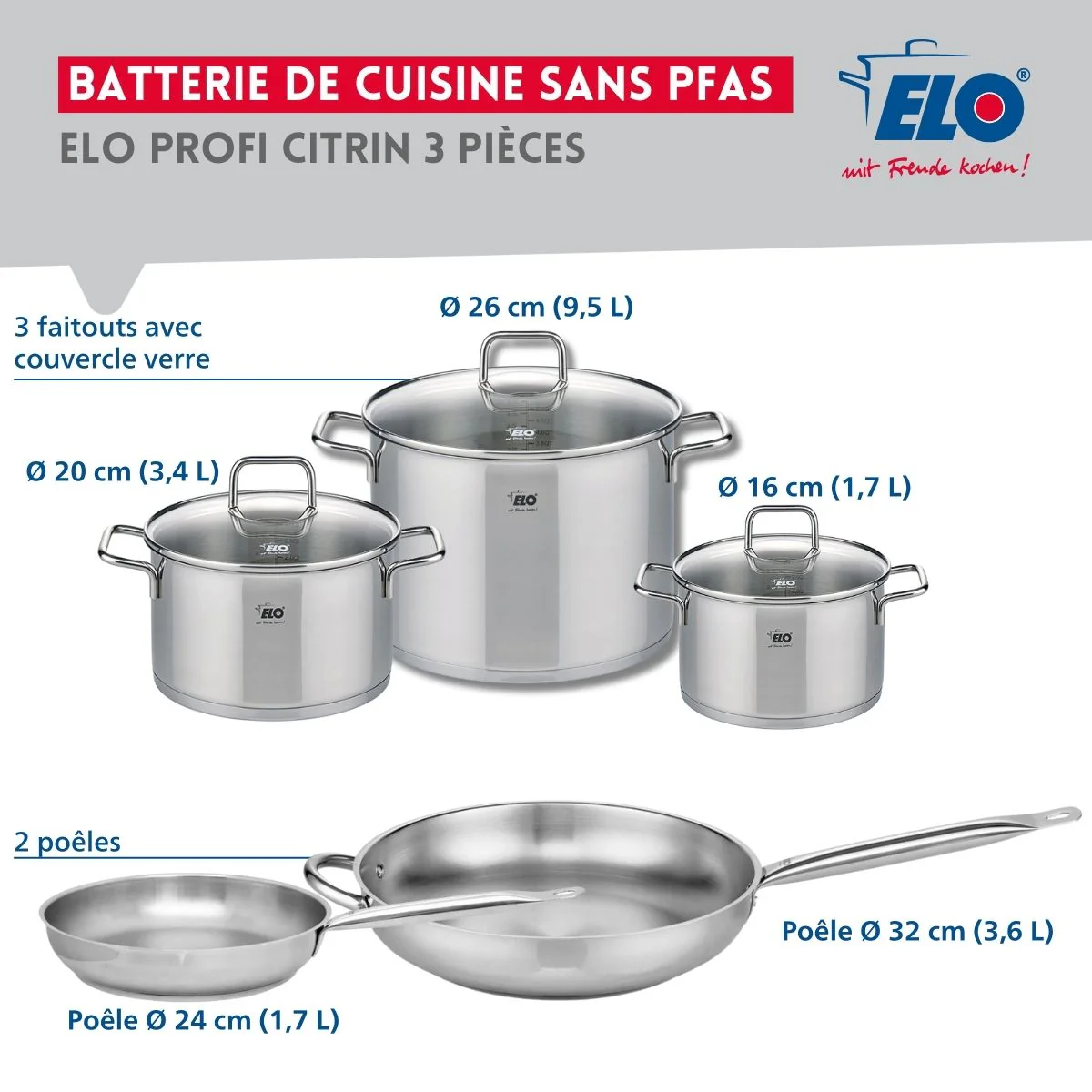 Ensemble de 2 Poêles de cuisson 24 et 32 cm et 3 faitouts 16, 20 et 26 cm Elo Profi Citrin - Image 2