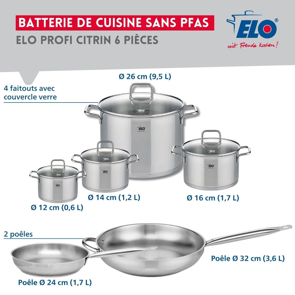 Ensemble de 2 Poêles de cuisson 24 et 32 cm et 4 faitouts 12, 14, 16 et 26 cm Elo Profi Citrin - Image 2