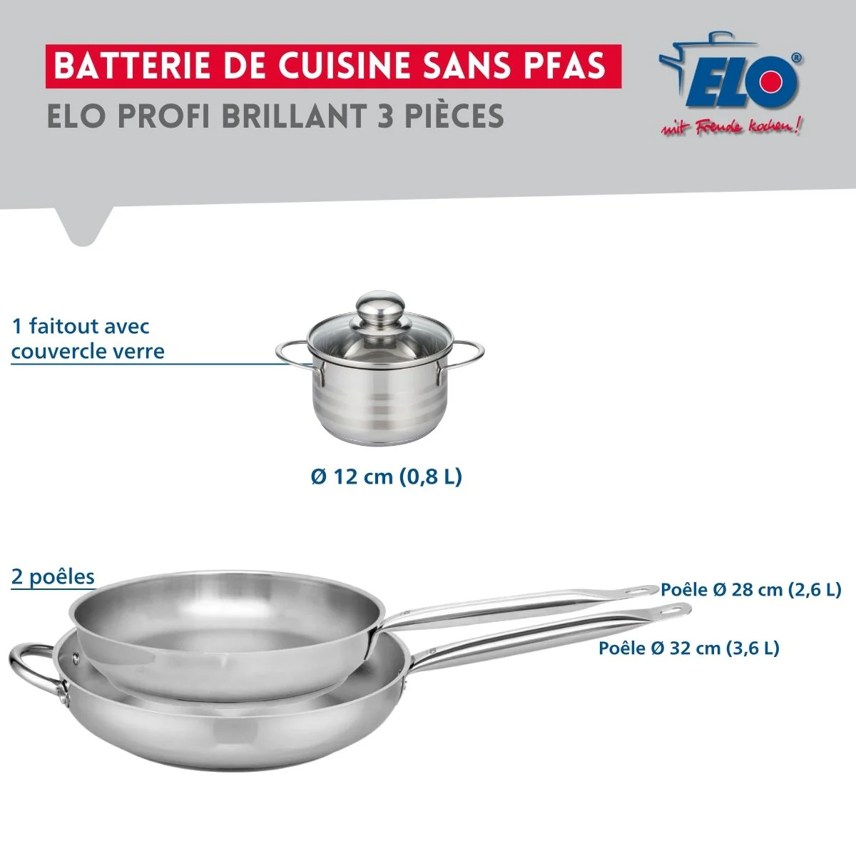 Ensemble de 2 Poêles de cuisson 28 et 32 cm et 1 faitout 12 cm Elo Profi Brillant - Image 2