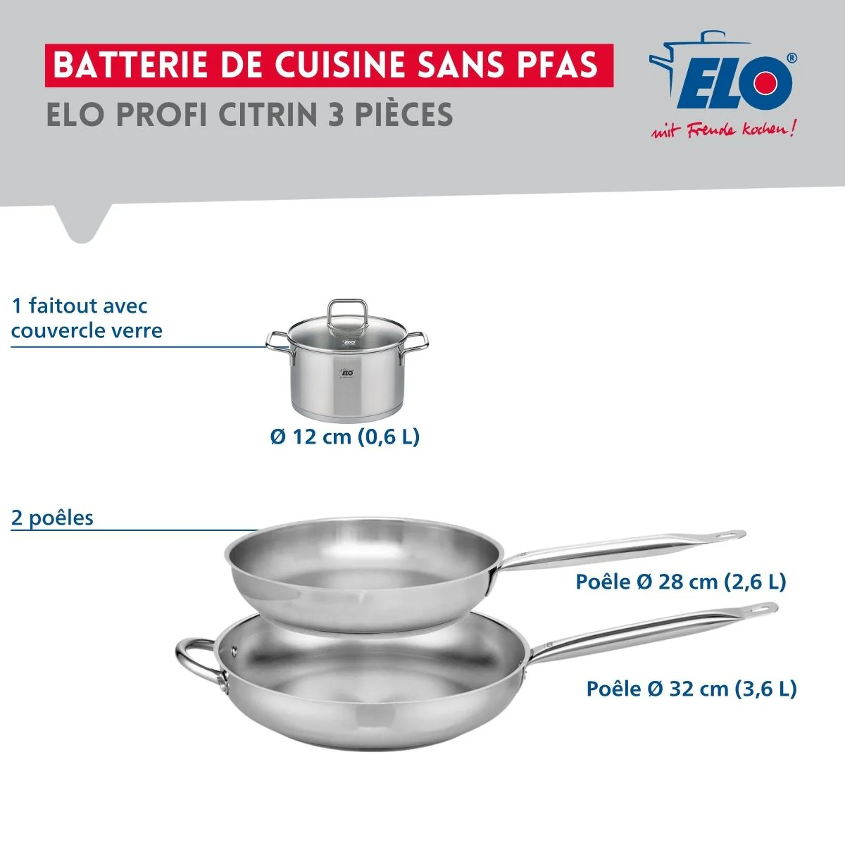 Ensemble de 2 Poêles de cuisson 28 et 32 cm et 1 faitout 12 cm Elo Profi Citrin - Image 2