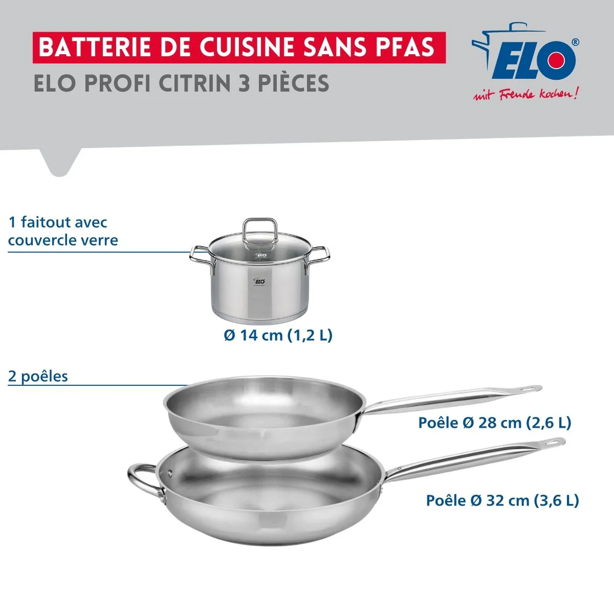 Ensemble de 2 Poêles de cuisson 28 et 32 cm et 1 faitout 14 cm Elo Profi Citrin - Image 2