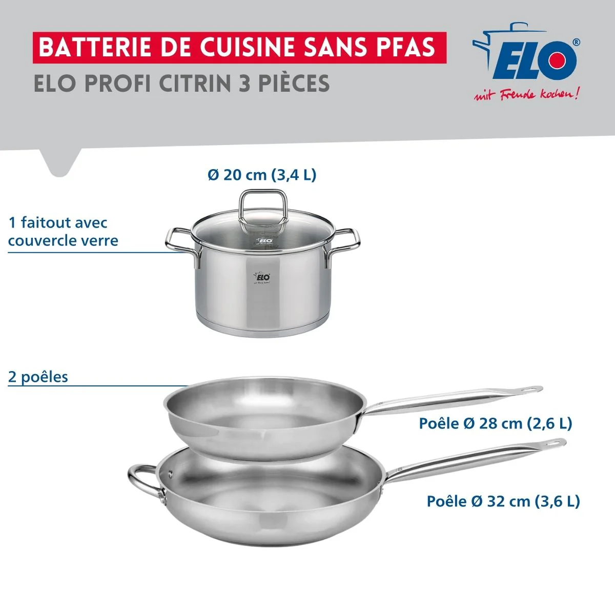 Ensemble de 2 Poêles de cuisson 28 et 32 cm et 1 faitout 20 cm Elo Profi Citrin - Image 2