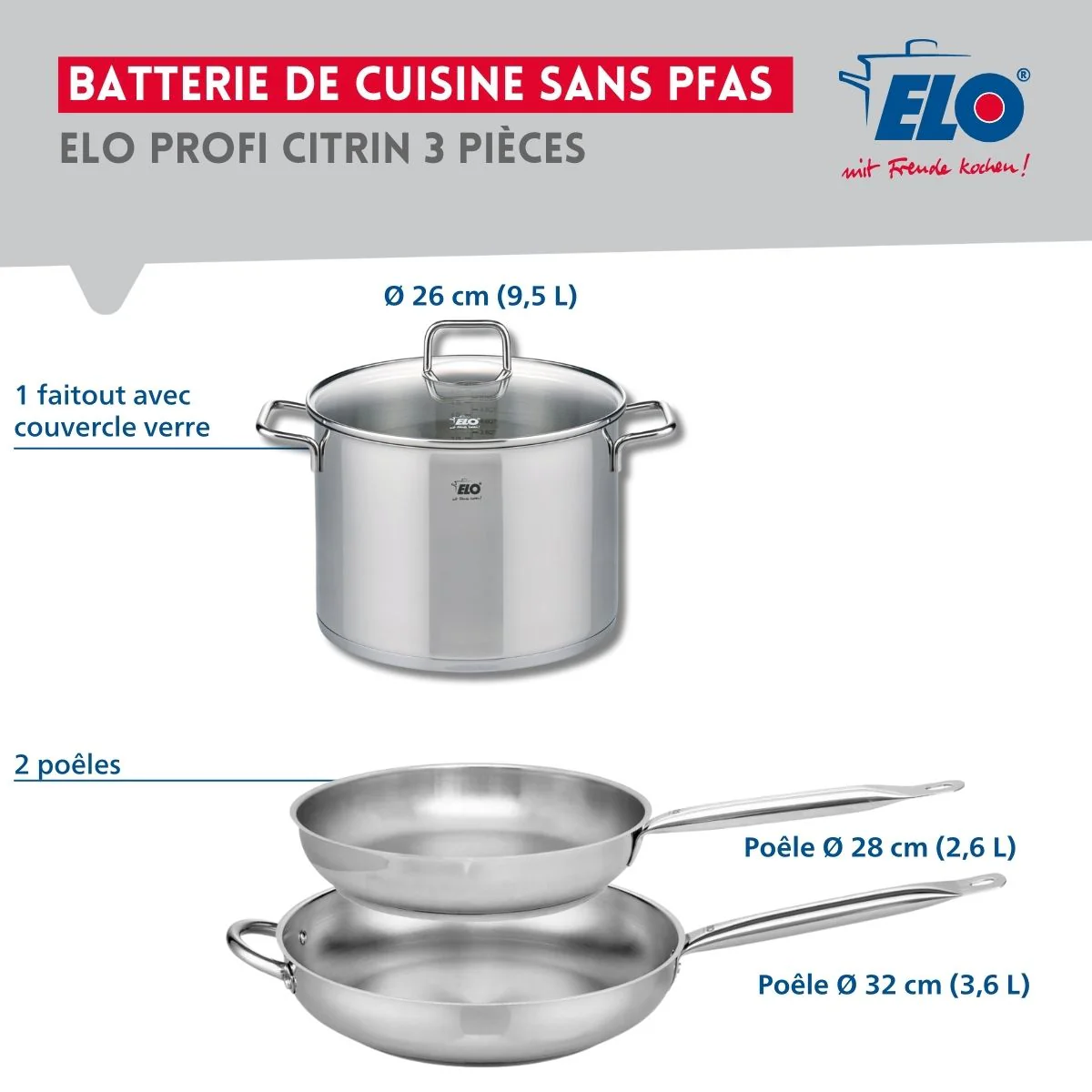 Ensemble de 2 Poêles de cuisson 28 et 32 cm et 1 faitout 26 cm Elo Profi Citrin - Image 2