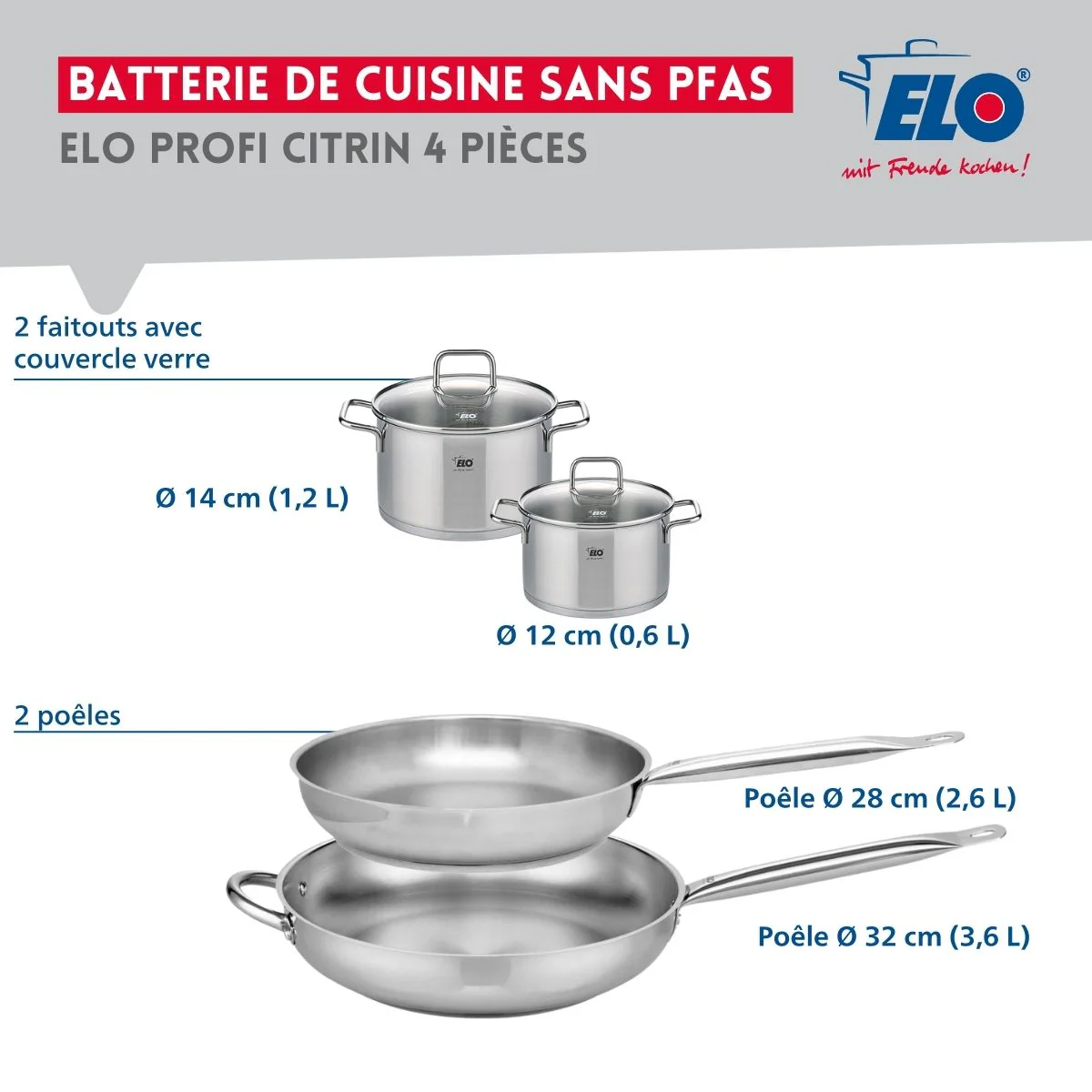 Ensemble de 2 Poêles de cuisson 28 et 32 cm et 2 faitouts 12 et 14 cm Elo Profi Citrin - Image 2