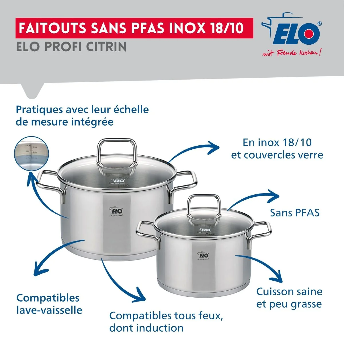 Ensemble de 2 Poêles de cuisson 28 et 32 cm et 2 faitouts 12 et 14 cm Elo Profi Citrin - Image 3