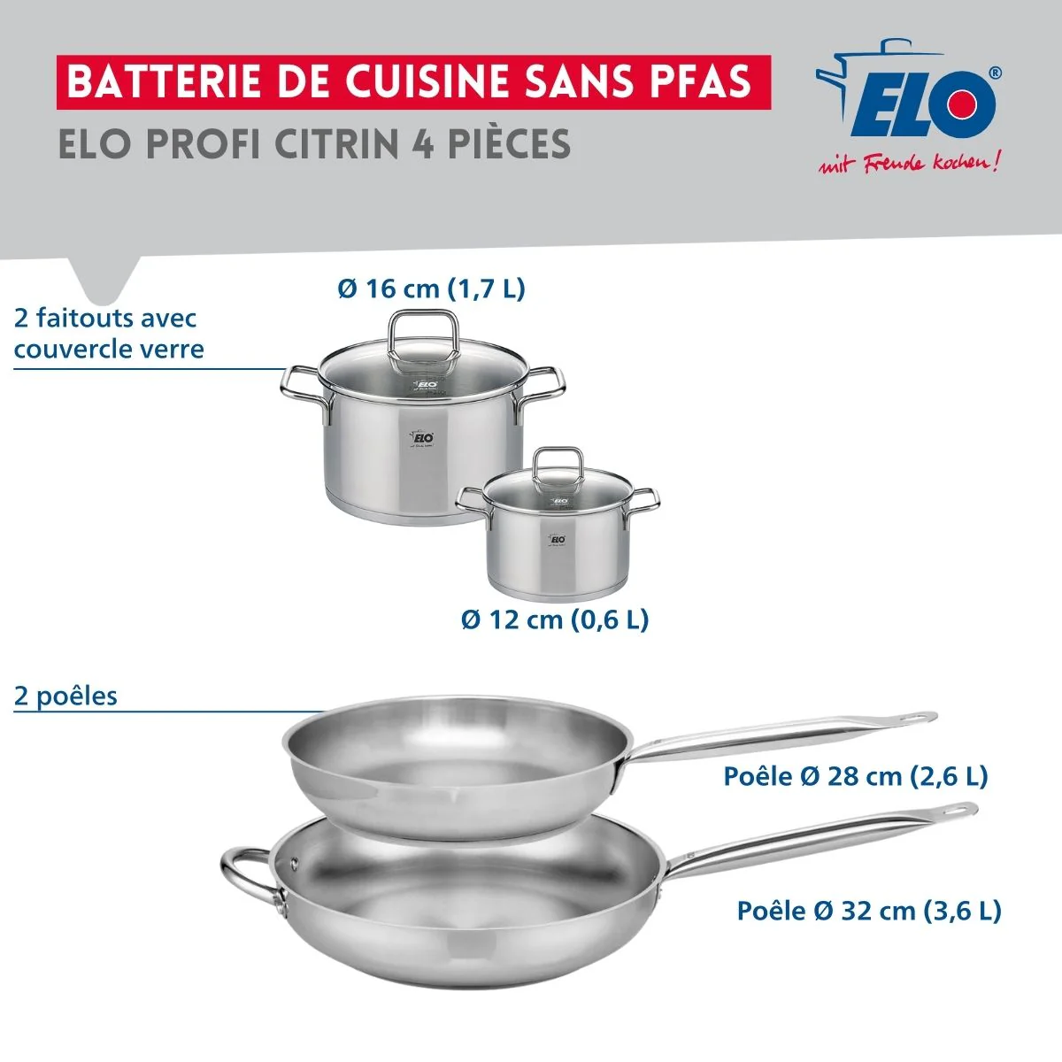 Ensemble de 2 Poêles de cuisson 28 et 32 cm et 2 faitouts 12 et 16 cm Elo Profi Citrin - Image 2