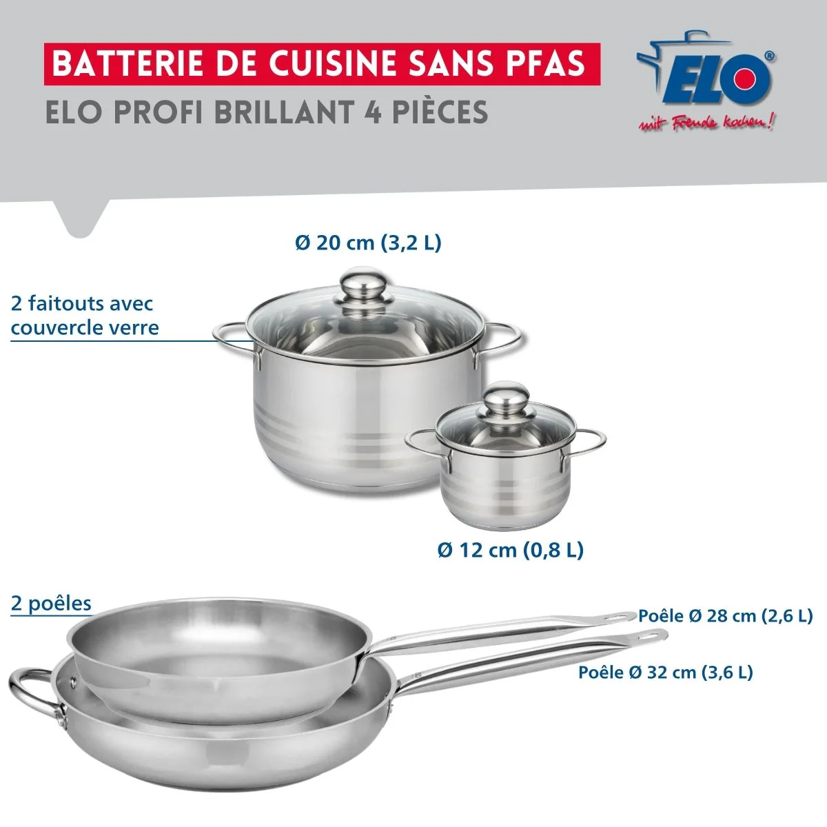 Ensemble de 2 Poêles de cuisson 28 et 32 cm et 2 faitouts 12 et 20 cm Elo Profi Brillant - Image 2