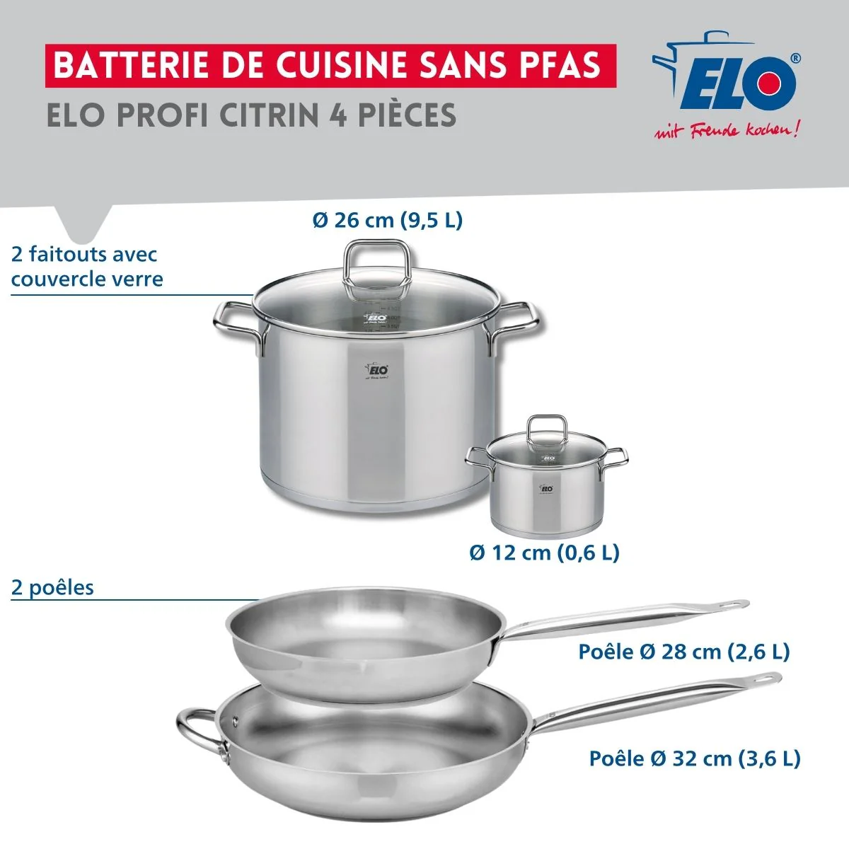 Ensemble de 2 Poêles de cuisson 28 et 32 cm et 2 faitouts 12 et 26 cm Elo Profi Citrin - Image 2