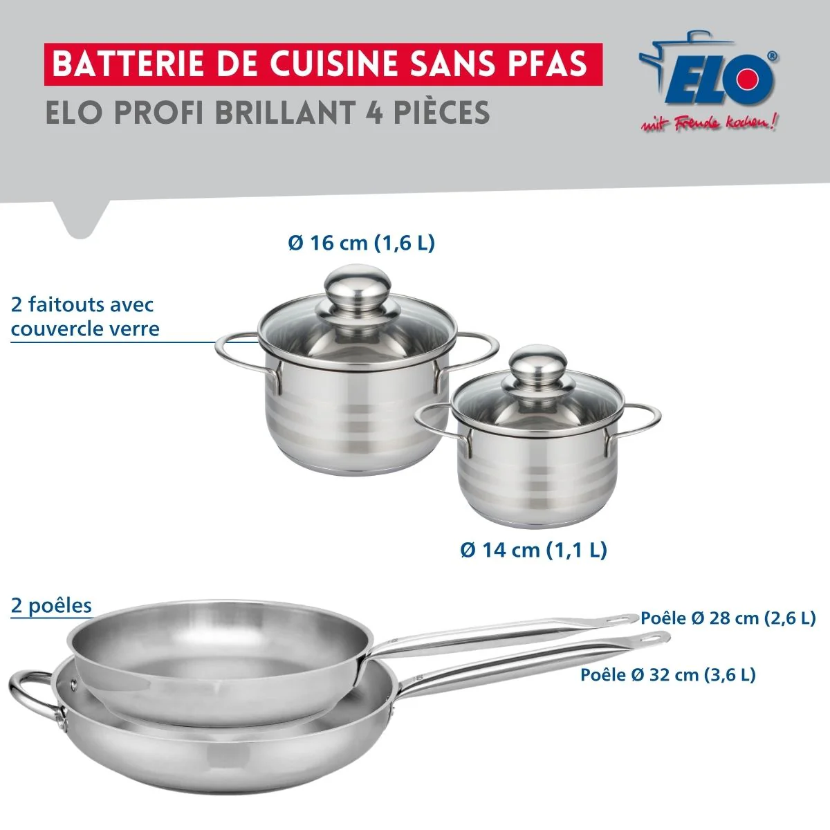 Ensemble de 2 Poêles de cuisson 28 et 32 cm et 2 faitouts 14 et 16 cm Elo Profi Brillant - Image 2