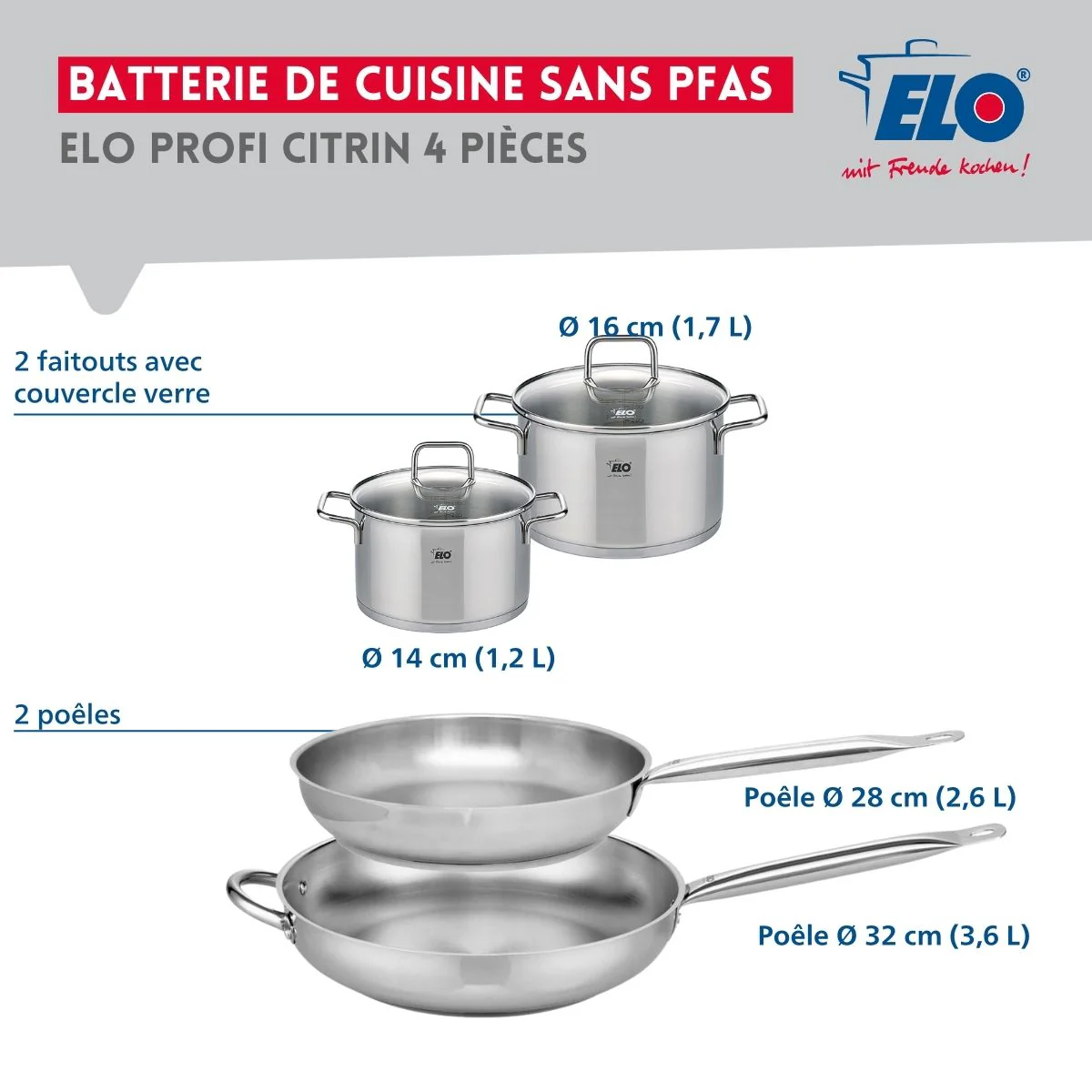 Ensemble de 2 Poêles de cuisson 28 et 32 cm et 2 faitouts 14 et 16 cm Elo Profi Citrin - Image 2