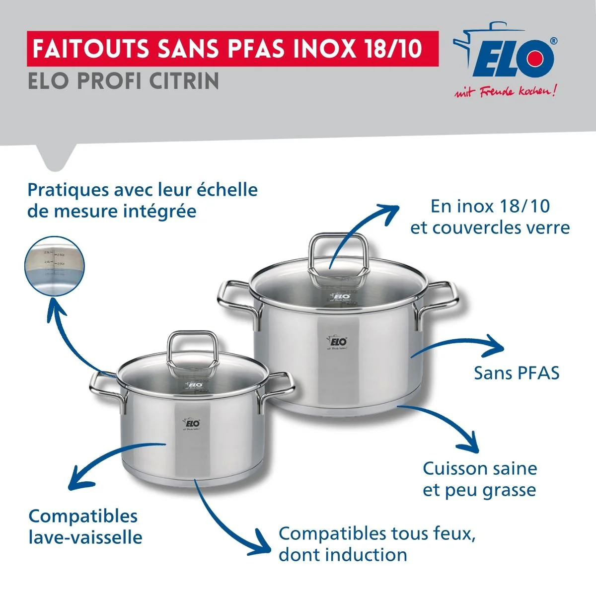 Ensemble de 2 Poêles de cuisson 28 et 32 cm et 2 faitouts 14 et 16 cm Elo Profi Citrin - Image 3