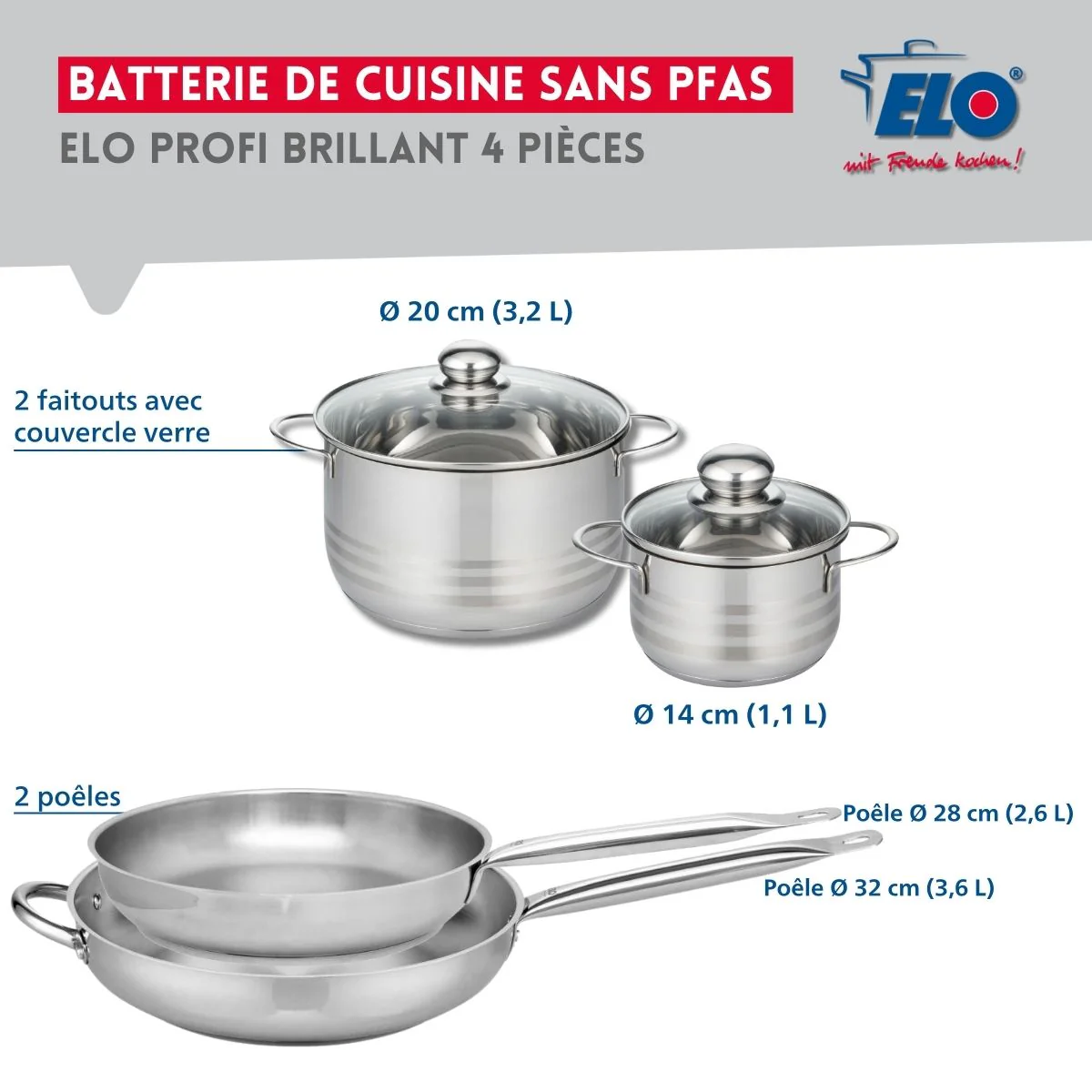 Ensemble de 2 Poêles de cuisson 28 et 32 cm et 2 faitouts 14 et 20 cm Elo Profi Brillant - Image 2