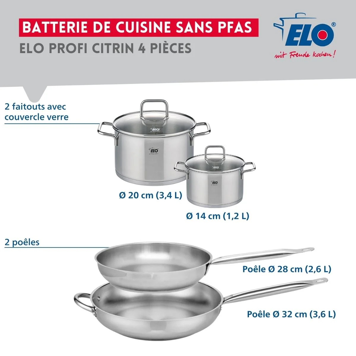 Ensemble de 2 Poêles de cuisson 28 et 32 cm et 2 faitouts 14 et 20 cm Elo Profi Citrin - Image 2
