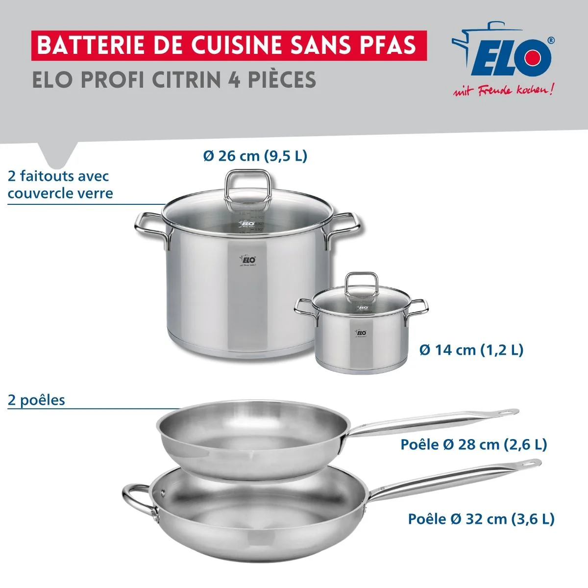 Ensemble de 2 Poêles de cuisson 28 et 32 cm et 2 faitouts 14 et 26 cm Elo Profi Citrin - Image 2