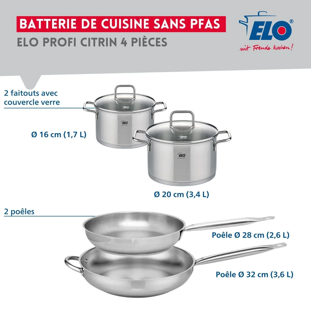 Ensemble de 2 Poêles de cuisson 28 et 32 cm et 2 faitouts 16 et 20 cm Elo Profi Citrin - Image 2