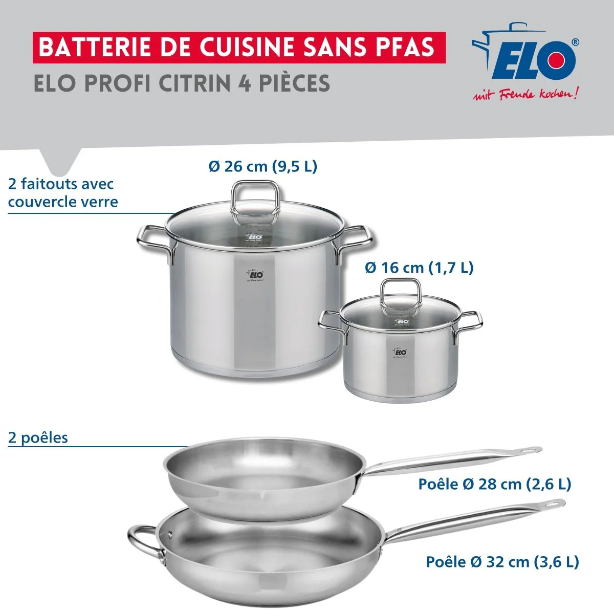 Ensemble de 2 Poêles de cuisson 28 et 32 cm et 2 faitouts 16 et 26 cm Elo Profi Citrin - Image 2