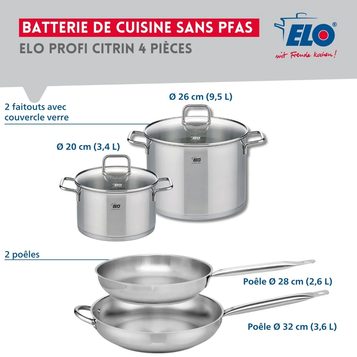 Ensemble de 2 Poêles de cuisson 28 et 32 cm et 2 faitouts 20 et 26 cm Elo Profi Citrin - Image 2