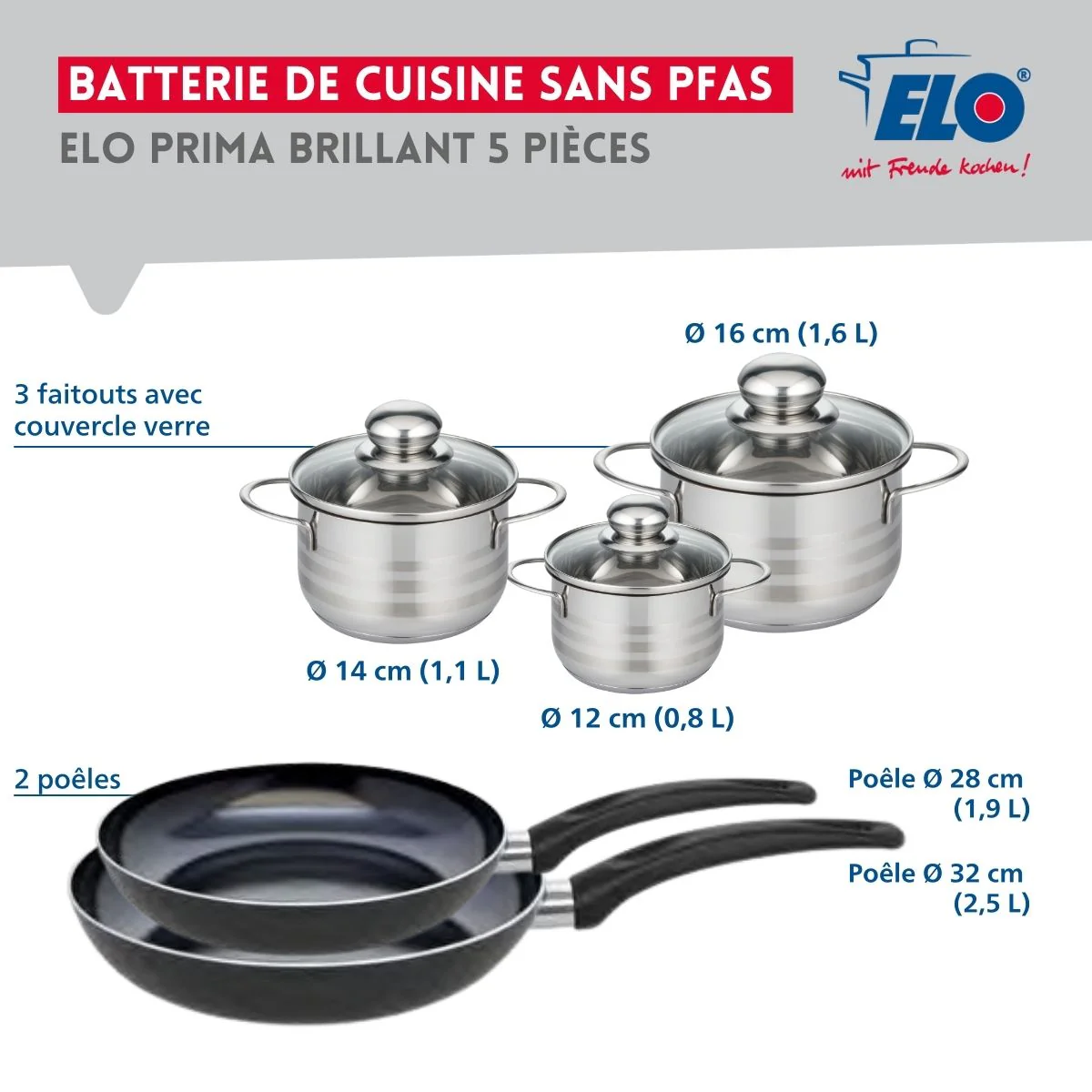 Ensemble de 2 Poêles de cuisson 28 et 32 cm et 3 faitouts 12, 14 et 16 cm Elo Prima Brillant - Image 2