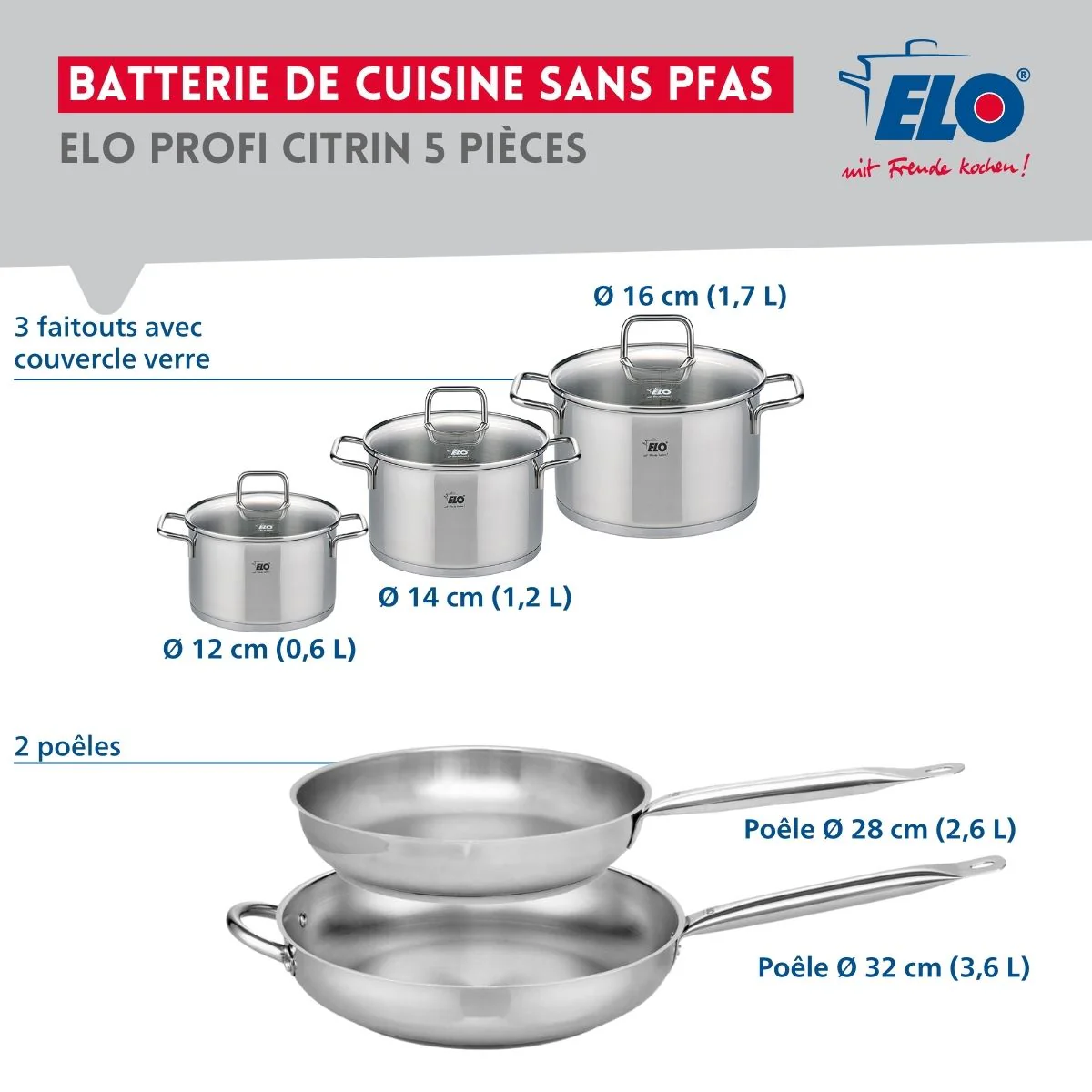 Ensemble de 2 Poêles de cuisson 28 et 32 cm et 3 faitouts 12, 14 et 16 cm Elo Profi Citrin - Image 2