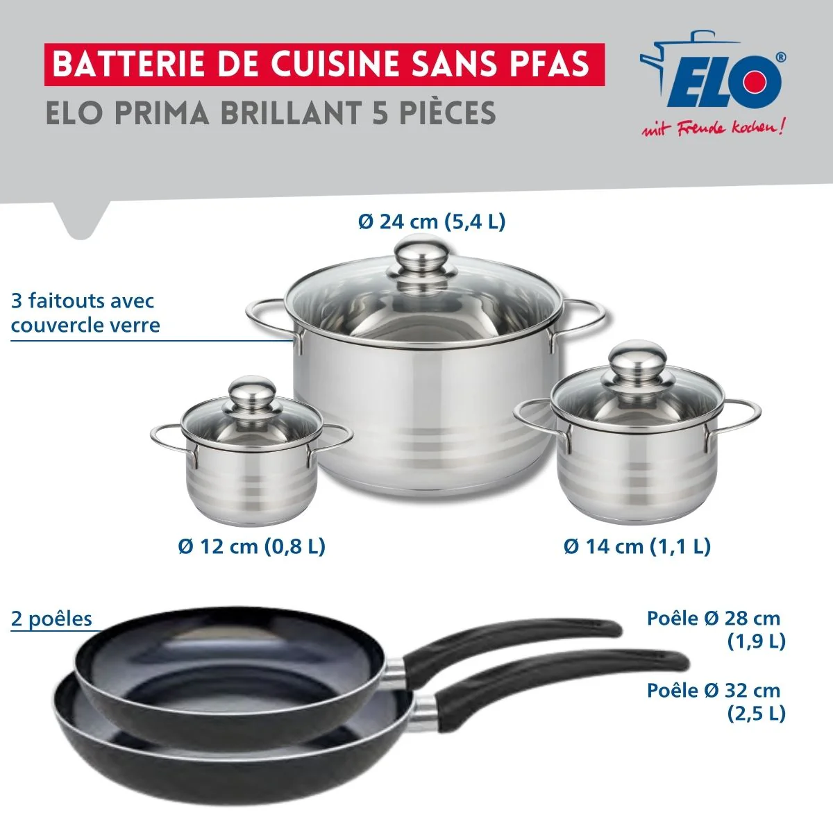 Ensemble de 2 Poêles de cuisson 28 et 32 cm et 3 faitouts 12, 14 et 24 cm Elo Prima Brillant - Image 2