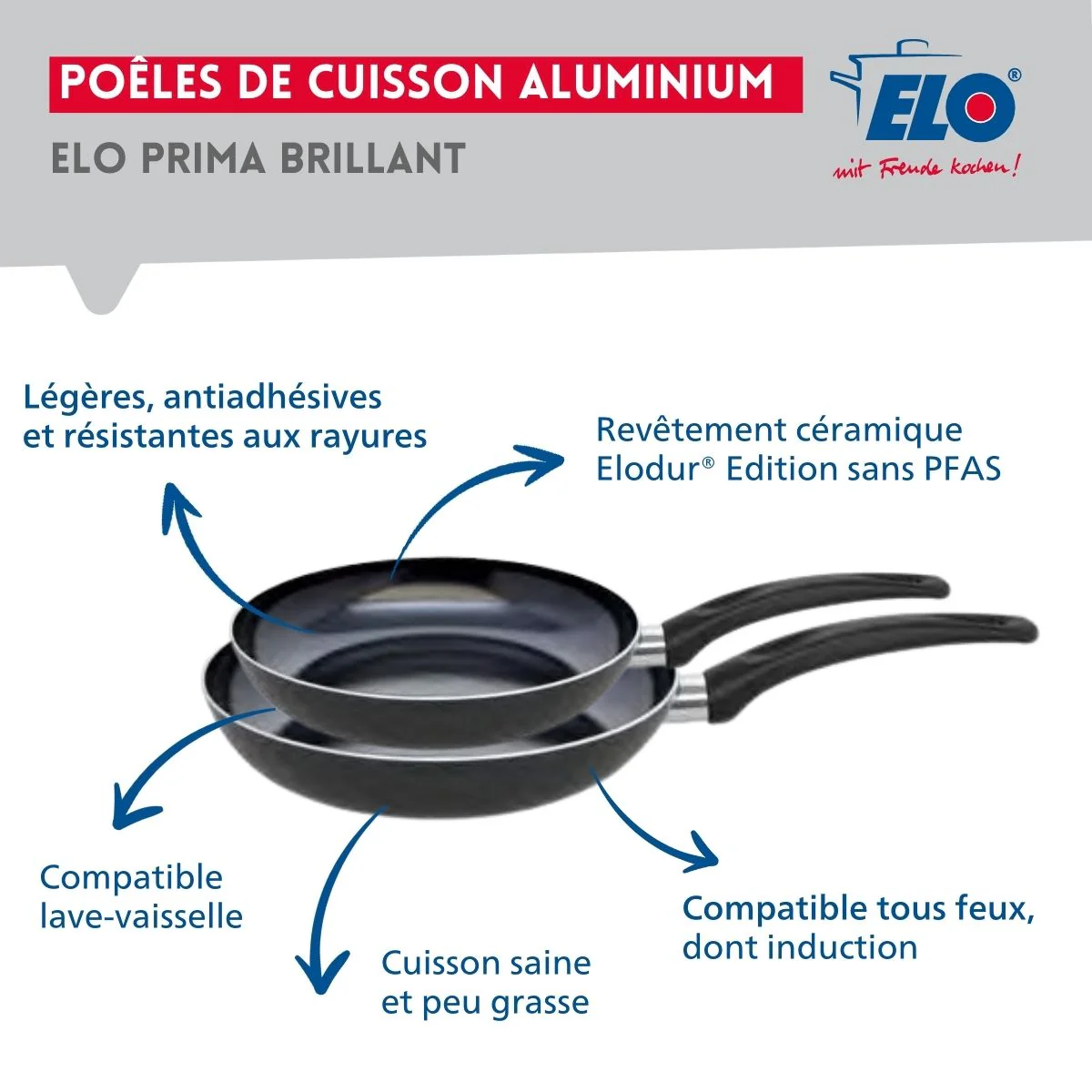 Ensemble de 2 Poêles de cuisson 28 et 32 cm et 3 faitouts 12, 14 et 24 cm Elo Prima Brillant - Image 4