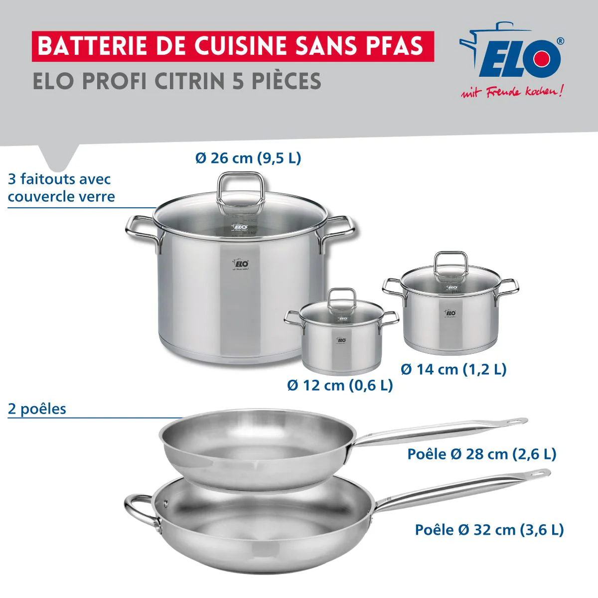 Ensemble de 2 Poêles de cuisson 28 et 32 cm et 3 faitouts 12, 14 et 26 cm Elo Profi Citrin - Image 2