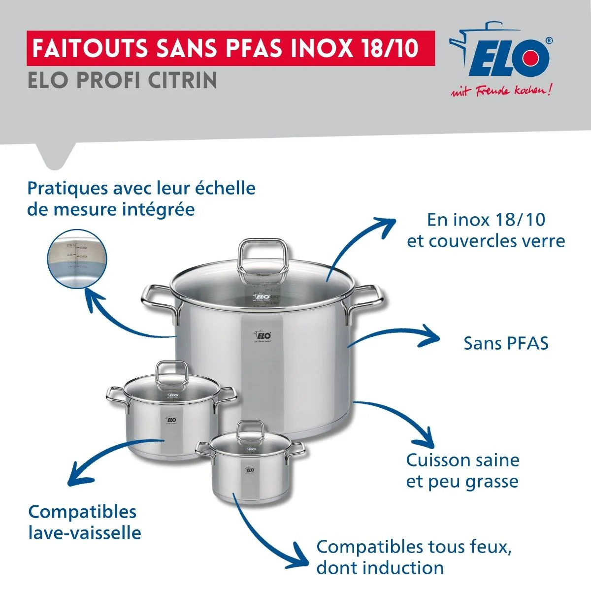 Ensemble de 2 Poêles de cuisson 28 et 32 cm et 3 faitouts 12, 14 et 26 cm Elo Profi Citrin - Image 3
