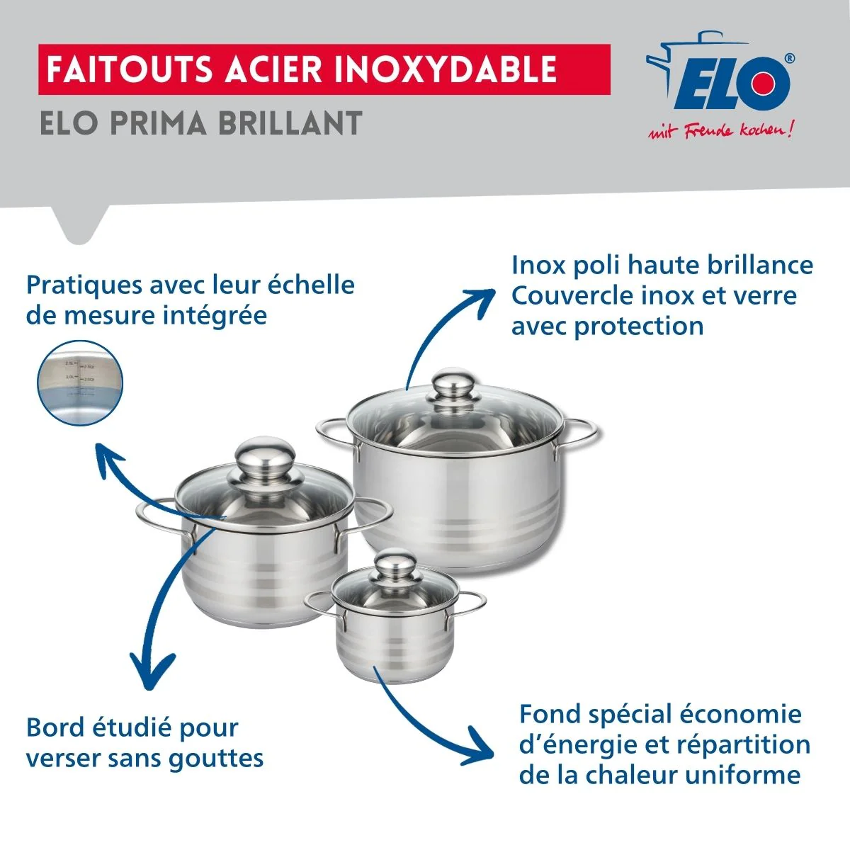 Ensemble de 2 Poêles de cuisson 28 et 32 cm et 3 faitouts 12, 16 et 20 cm Elo Prima Brillant - Image 3