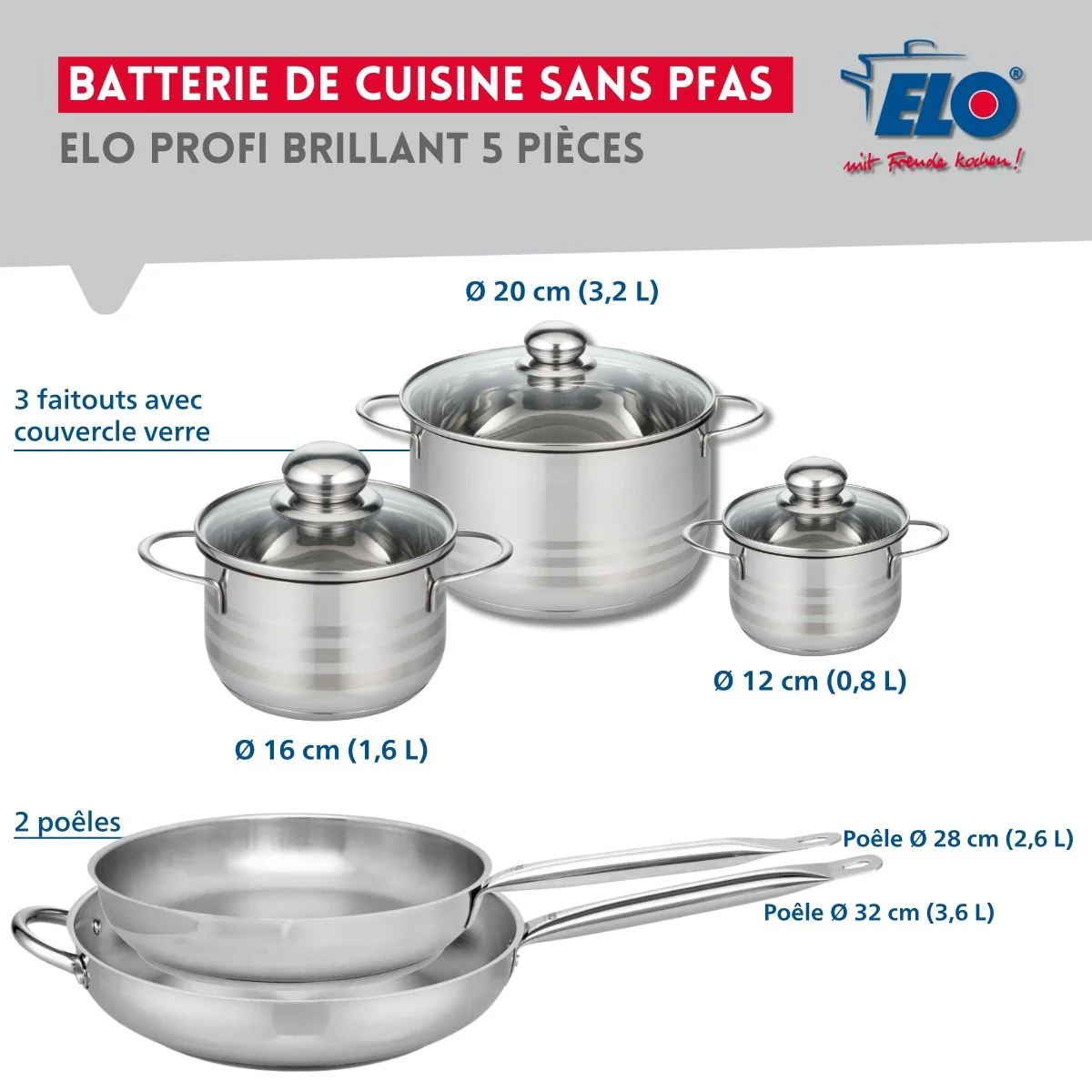Ensemble de 2 Poêles de cuisson 28 et 32 cm et 3 faitouts 12, 16 et 20 cm Elo Profi Brillant - Image 2