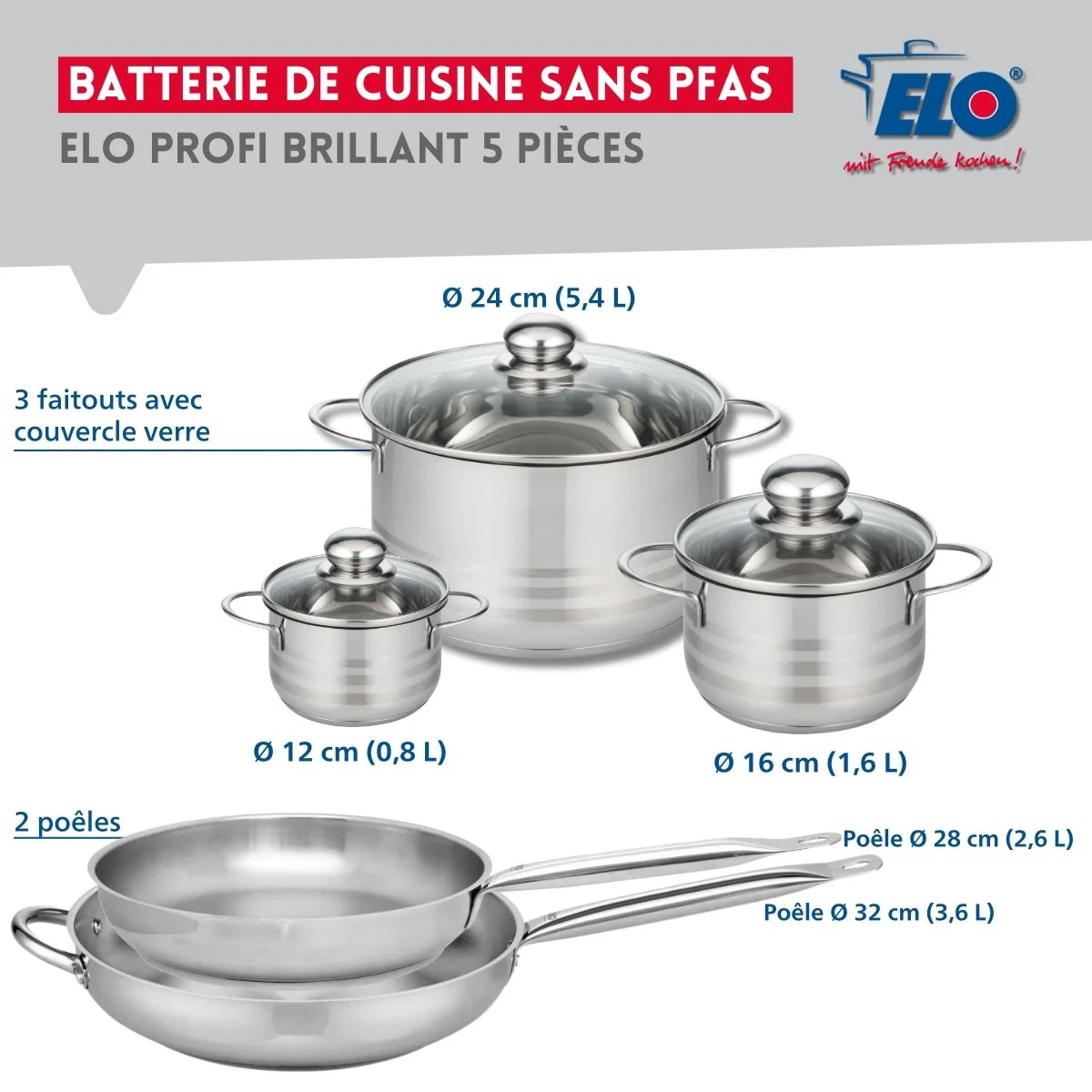 Ensemble de 2 Poêles de cuisson 28 et 32 cm et 3 faitouts 12, 16 et 24 cm Elo Profi Brillant - Image 2