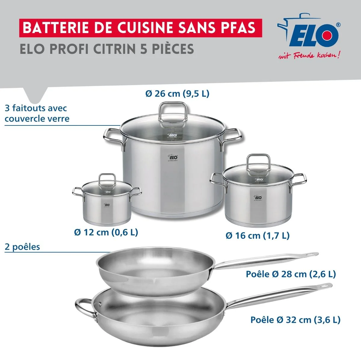 Ensemble de 2 Poêles de cuisson 28 et 32 cm et 3 faitouts 12, 16 et 26 cm Elo Profi Citrin - Image 2