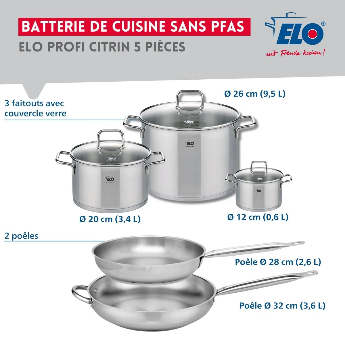 Ensemble de 2 Poêles de cuisson 28 et 32 cm et 3 faitouts 12, 20 et 26 cm Elo Profi Citrin - Image 2