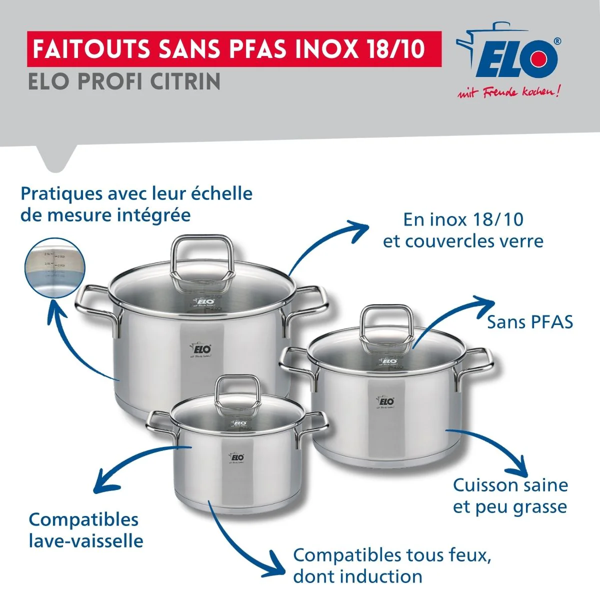 Ensemble de 2 Poêles de cuisson 28 et 32 cm et 3 faitouts 14, 16 et 20 cm Elo Profi Citrin - Image 3