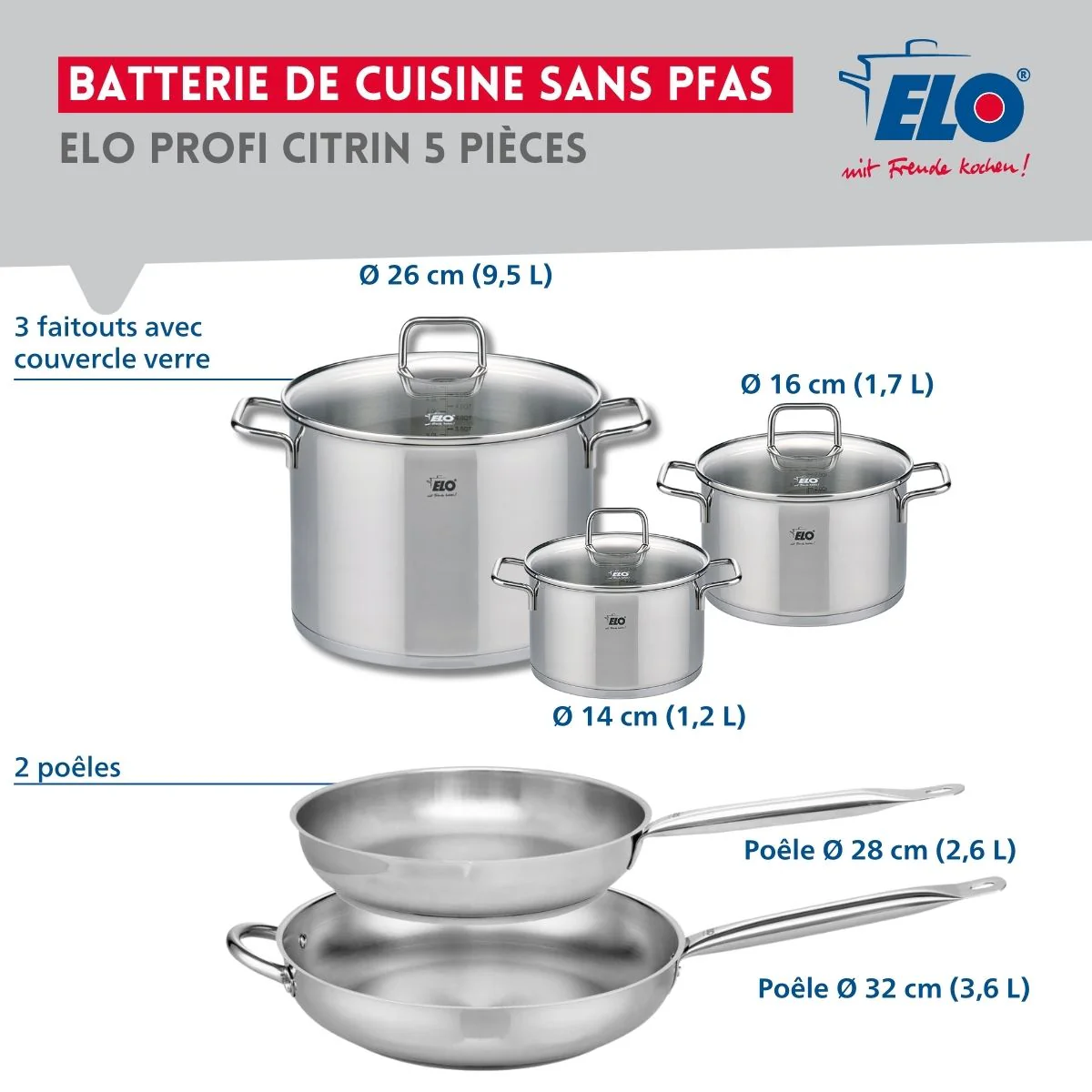 Ensemble de 2 Poêles de cuisson 28 et 32 cm et 3 faitouts 14, 16 et 26 cm Elo Profi Citrin - Image 2