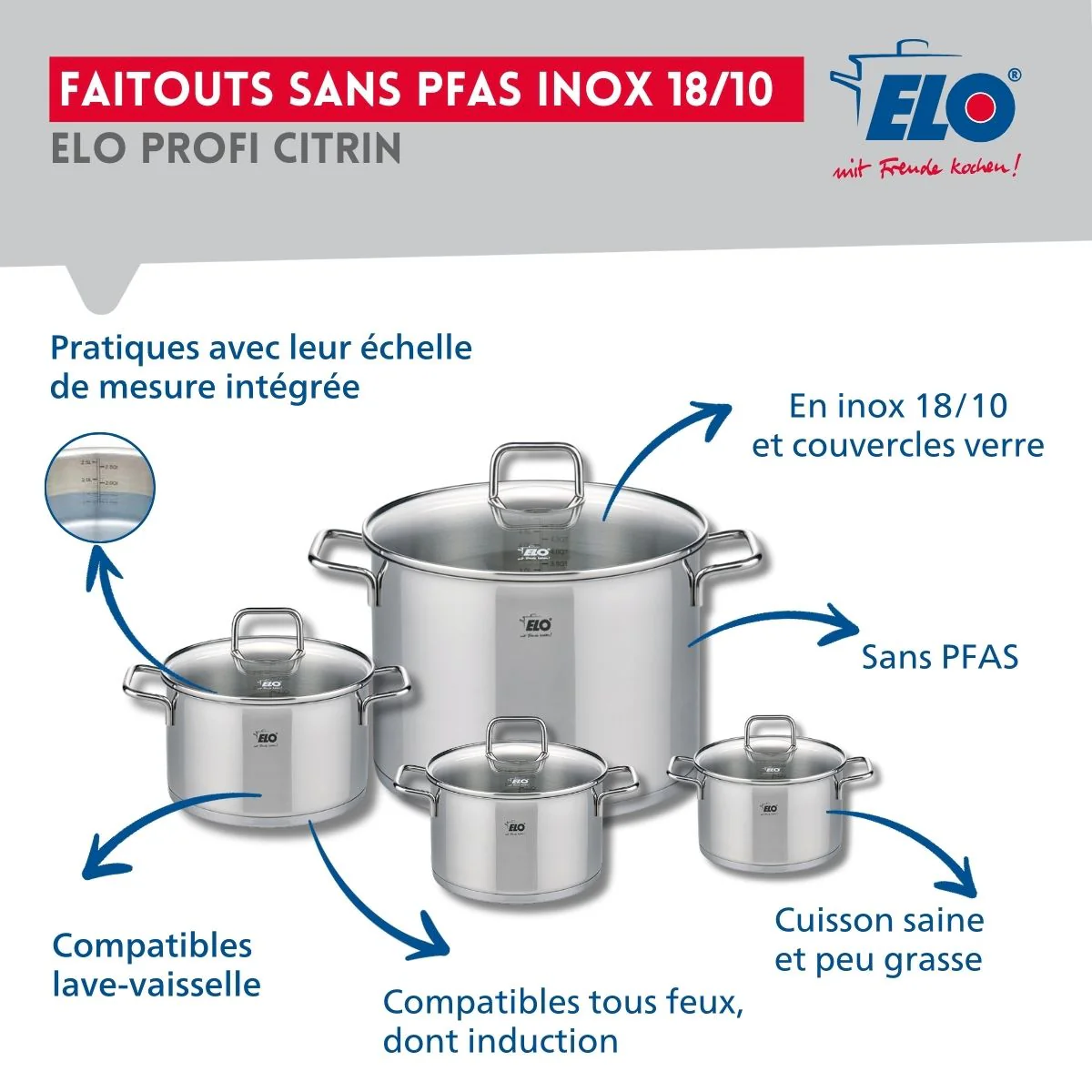 Ensemble de 2 Poêles de cuisson 28 et 32 cm et 4 faitouts 12, 14, 16 et 26 cm Elo Profi Citrin - Image 3