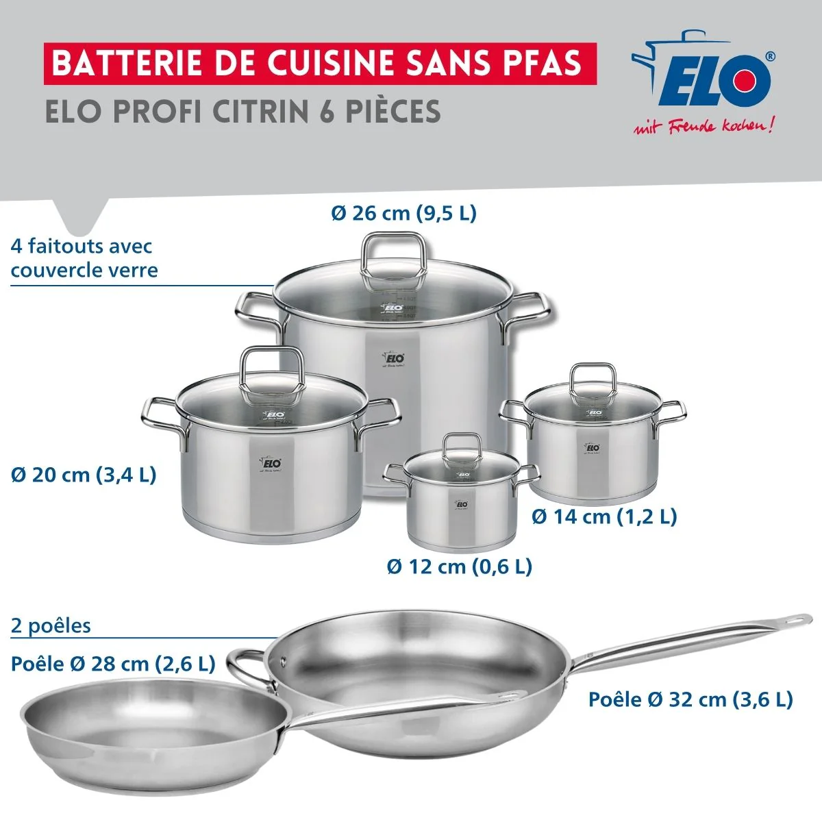 Ensemble de 2 Poêles de cuisson 28 et 32 cm et 4 faitouts 12, 14, 20 et 26 cm Elo Profi Citrin - Image 2