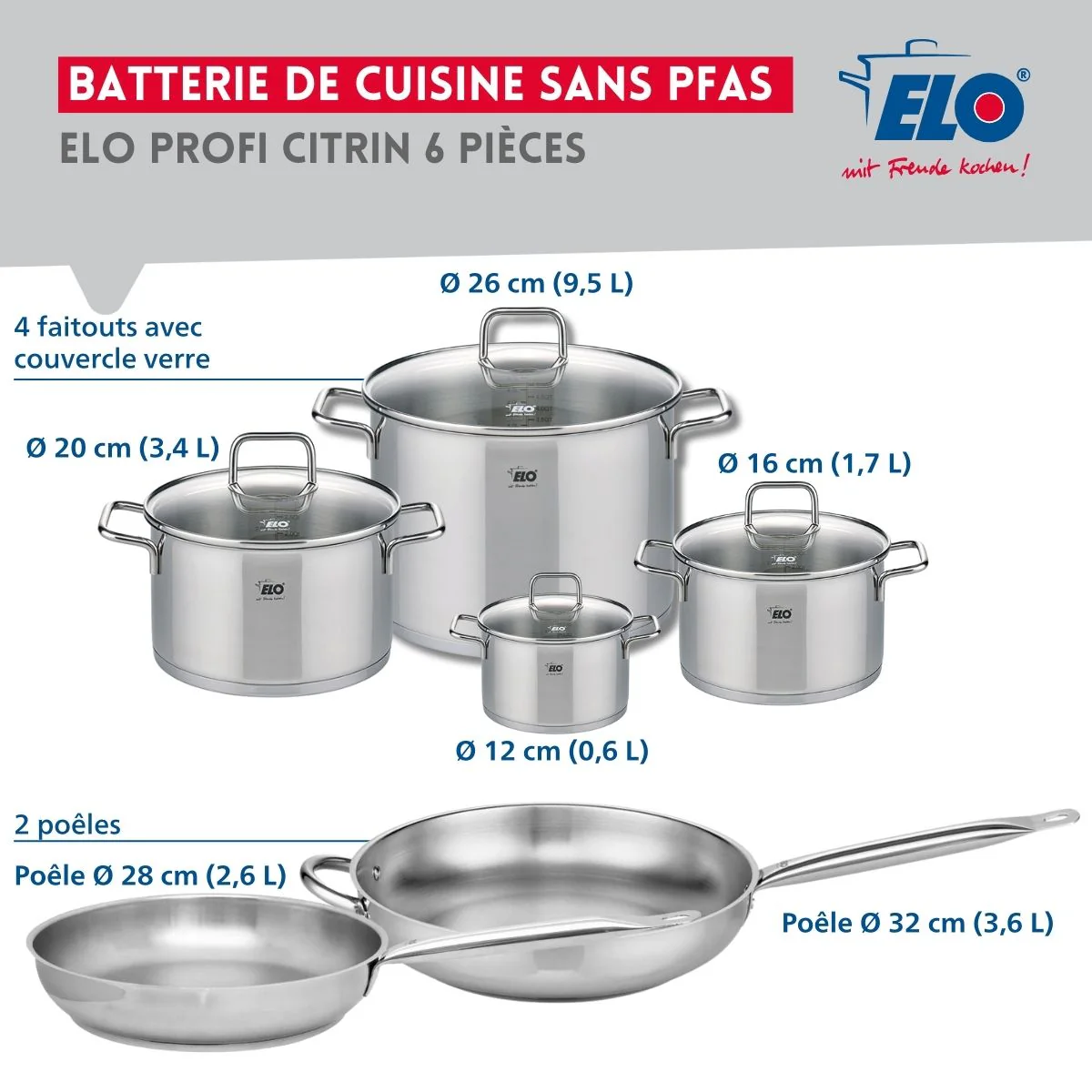 Ensemble de 2 Poêles de cuisson 28 et 32 cm et 4 faitouts 12, 16, 20 et 26 cm Elo Profi Citrin - Image 2