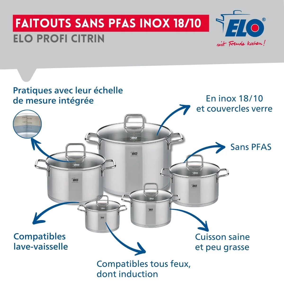 Ensemble de 2 Poêles de cuisson 28 et 32 cm et 5 faitouts 12, 14, 16, 20 et 26 cm Elo Profi Citrin - Image 3
