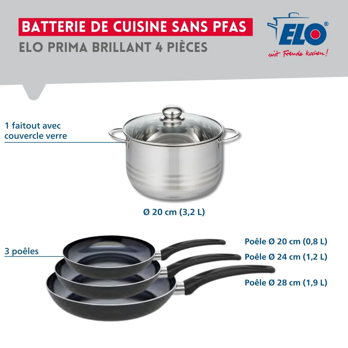 Ensemble de 3 Poêles de cuisson 20, 24 et 28 cm et 1 faitout 20 cm Elo Prima Brillant - Image 2