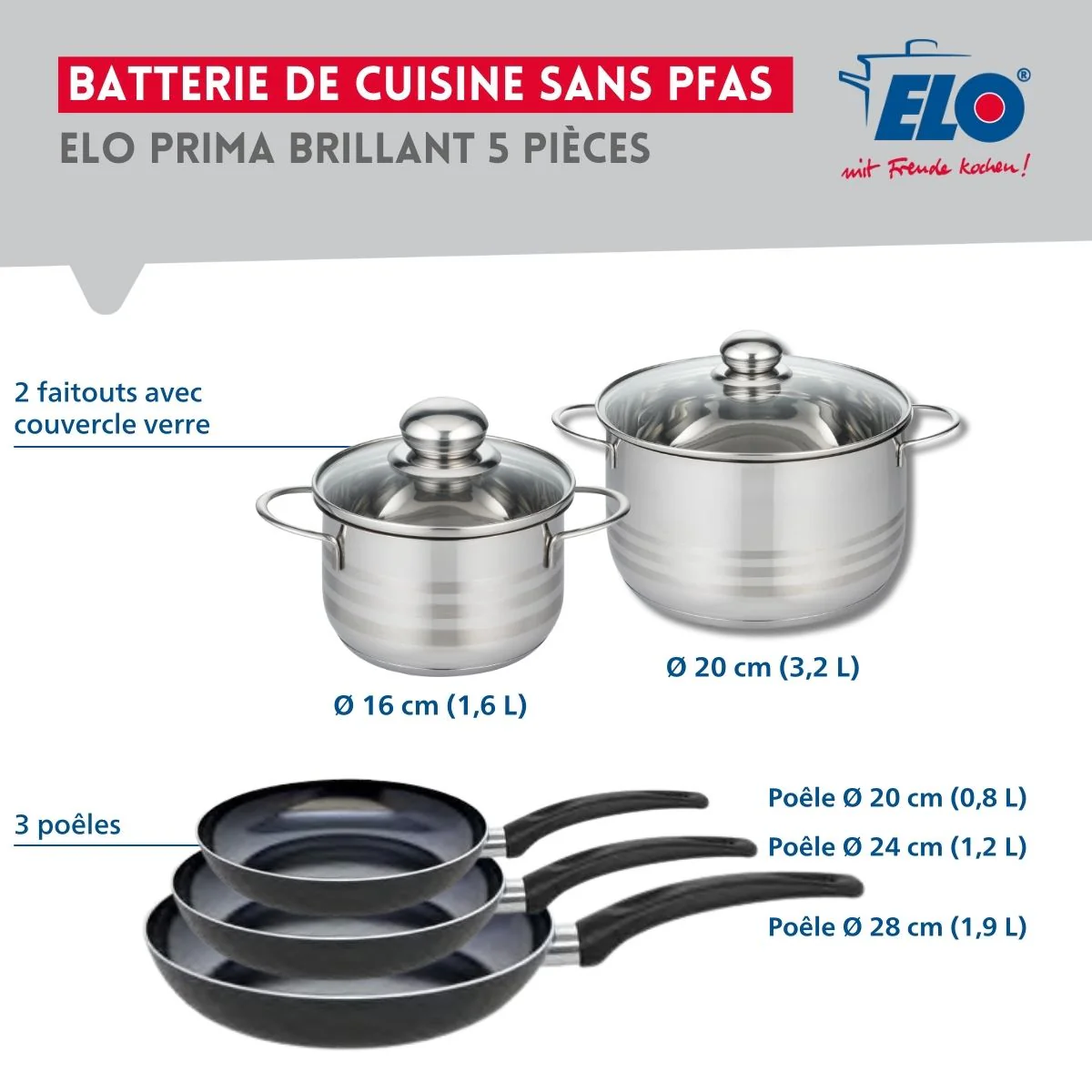 Ensemble de 3 Poêles de cuisson 20, 24 et 28 cm et 2 faitouts 16 et 20 cm Elo Prima Brillant - Image 2