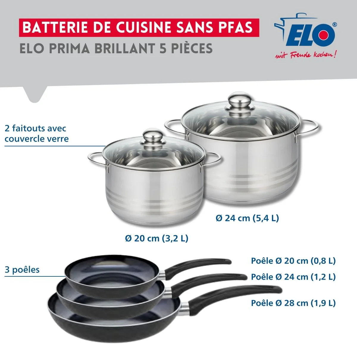 Ensemble de 3 Poêles de cuisson 20, 24 et 28 cm et 2 faitouts 20 et 24 cm Elo Prima Brillant - Image 2